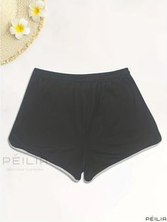 Peilia - Professional Plus-Size Sport Shorts with High-Rise Elastic Waistline and Slim Fit Design for Women, Featuring Solid Binding and Adjustable Drawstring. Black Leisure Bottoms For Beach Season, Black Leisure Shorts For Beach Season, Summer Stretch Bottoms With Contrast Trim, Beach Cardigan, Track Shorts, Fabric Medium, Plus Size Casual, Sport Shorts, Asymmetric Hem