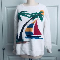 ‘80s Vintage Rare Abercrombie & Fitch Cotton Palm Trees, Sun, Colorful Sail Boat Sweater. Made In England. Size 40 Fits Large Ribbed On Collar, Cuff & Hem. No Rips Or Tears. Excellent Vintage Condition. This Tropical Design Sweater Can Be Unisex. Perfect For All Seasons. May Need To Be Dry Cleaned, It’s Been Stored. Approximate Measurements Chest 23” Length 24” Preppy Miami Vibes Cali Vibes New In Poshmark? Use Code Shopmycloset_sd To Sign Up & Save $10 On Your First Posh Purchase. Cali Vibes, Miami Vibes, Sail Boat, Tropical Design, 80s Vintage, Green And Gold, Cali, Abercrombie Fitch, Palm Trees