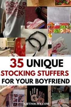 a collage of pictures with the words 35 unique stocking stuff for your boyfriend