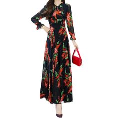 Gorgeous Dress, That Can Go From Work To A Wedding To Brunch, Depending On Styling. Long Sleeves, Adjustable Tie Neck, Lined To Knees, Black Background With Green Stems And Red Flowers. Elastic At Cuffs. New With Tags, No Flaws. Elegant A-line Floral Dress For Fall, Long Sleeve Chiffon Floral Dress, Fitted Black Floral Maxi Dress, Red Chiffon Maxi Dress With Long Sleeves, Red Long Sleeve Chiffon Maxi Dress, Elegant Non-stretch Floral Print Maxi Dress, Red Chiffon Long Sleeve Maxi Dress, Long Sleeve Chiffon Floral Dress For Party, Elegant Black Floral Maxi Dress