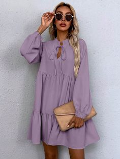 Casual Solid Color Long Sleeve Dress, Spring & Summer Purple Cute  Long Sleeve Fabric Plain A Line Non-Stretch Spring/Fall Women Clothing, size features are:Bust: ,Length: ,Sleeve Length: Smocked Dresses, Long Sleeve Lace Dress, Lace Hem, Spring Summer Dress, Dress For Short Women, Smock Dress, Lantern Sleeves, Chic Dress, Long Sleeve Lace