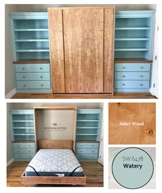 an image of a bedroom with blue drawers and bed in the middle, and another photo showing how to build a built - in bookcase