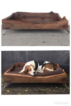 a dog laying on top of a wooden bed in the middle of two pictures, one is