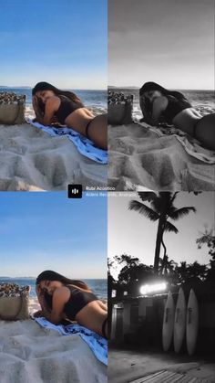 a woman laying on top of a beach covered in sand next to the ocean and palm trees