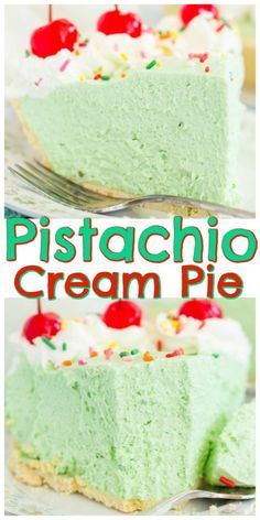 a slice of pistachio cream pie with cherries on top