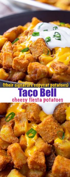 there are two pictures of taco bell and cheesy fiesta potatoes on the plate