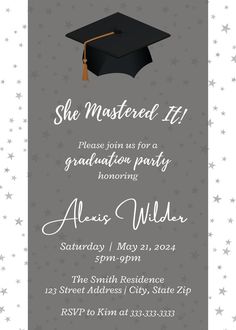 a graduation party card with a mortar cap and stars on the back, says she mastered it