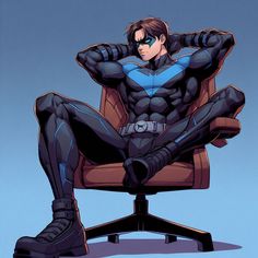 a man is sitting in an office chair with his arms behind his head and hands on his hips