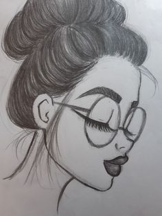 a drawing of a woman with glasses on her face and hair in the top bun