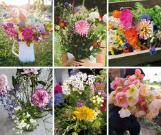 four different pictures of flowers in vases on the ground, and one with an open flower pot