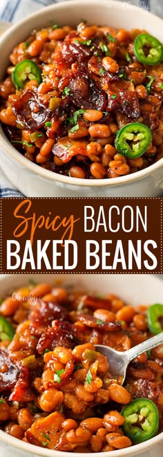 two bowls filled with baked beans and peppers