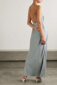 ST. AGNI Stretch silk-blend satin maxi dress | NET-A-PORTER Silver Silk Dress, Silver Satin Dress, Drape Maxi Dress, St Agni, Maxi Slip Dress, Wool Turtleneck, Satin Maxi, Silk Maxi Dress, Satin Maxi Dress