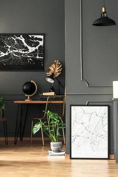 a living room with grey walls and wooden floors