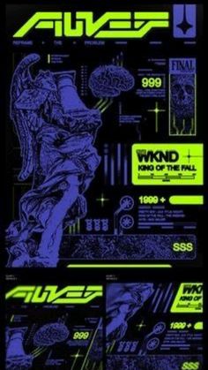 the back cover of an album with neon blue and green graphics on it, including text that