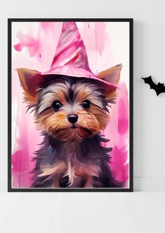 a painting of a dog wearing a pink hat