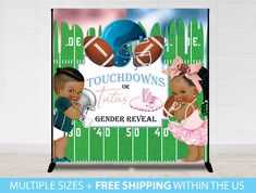 a football themed banner with two babies on it