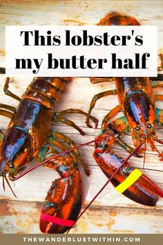 lobsters on a wooden table with text overlay that reads, this lobster's my butter half