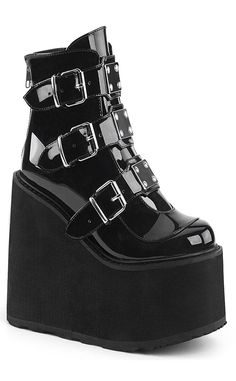 SWING-105 Black Patent Boots-Demonia-Tragic Beautiful Demonia Platforms, Goth Shoes, Goth Boots, Demonia Shoes, Style Converse, Gothic Shoes, Patent Boots, Metal Plates, Vegan Boots