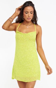 Steal the crowd in this showstopping neon yellow sequin slip dress. The cowl draped neck and criss cross straps are ultra flattering no matter where you are wearing her! Sequin Slip Dress, Mumu Dress, Tanya Taylor, Breezy Dress, Mini Slip Dress, Sequin Mini, Show Me Your Mumu, Sequin Mini Dress, Model Fits