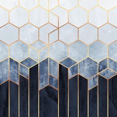 an abstract background with gold and blue hexagonal tiles on it's sides