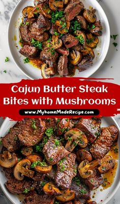 two plates filled with steak and mushrooms on top of a marble countertop next to a red sign that says cajun butter steak bites with mushrooms