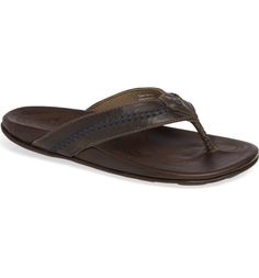 Mea Ola Flip Flop, Main, color, DARK SHADOW/ MUSTANG LEATHER Leather Flip Flops With Cushioned Footbed, Casual Leather Flip Flops With Leather Lining, Brown Leather Slip-on Flip Flops, Brown Leather Flip Flops With Leather Sole, Comfortable Leather Sandals, Prom Looks, Men's Footwear, Men Looks, Flip Flop