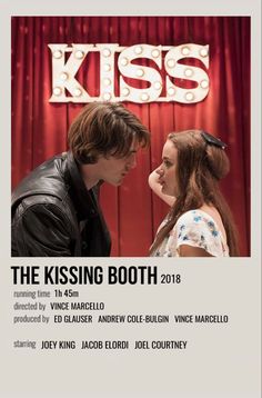 the kissing booth poster with two people standing in front of a red curtain and one person looking at each other