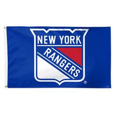 a new york rangers flag hanging on a wall