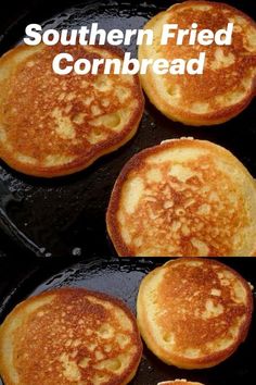 three pancakes in a cast iron skillet with the words southern fried cornbread