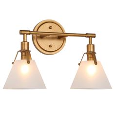 two light bathroom fixture in an antique brass finish with frosted glass shades on the sides