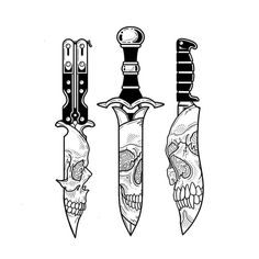 three different types of knives with skulls on them