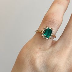 Emerald Green Ring Aesthetic, Gold Emerald Engagement Ring Green, Emerald Halo Ring, Emerald Gold Engagement Ring, Vintage Emerald Rings, Emerald Engagement Ring Green, Vintage Emerald Engagement Ring, Dream Rings, Emerald Ring Vintage