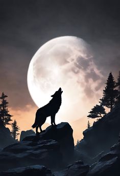 a wolf standing on top of a mountain under a full moon