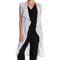 Nwt(No Price Tag But Dr2tag). A Lengthy Striped Vest Adds A Classic Print To Any Outfit, Easily Elevating Your Style. Fit: This Style Fits True To Size. - Draped Collar - Sleeveless - Open Front - Striped Print - Shoulder Epaulets - Split Sides - Vented Back - Length Approx. 41" 95% Polyester, 5% Spadnex White Open Front Top For Day Out, Chic Open Front Cotton Top, Striped Vest, Draped Collar, Striped Vests, Price Tag, Front Open, Split, Womens Tops