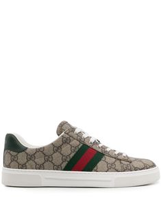 Find GUCCI Ace Panelled Sneakers on Editorialist. beige panelled design GG Supreme canvas signature Web detailing contrasting branded heel counter round toe front lace-up fastening branded leather insole flat rubber sole This piece comes complete with a protective dust bag. Women's Gucci sneakers fit large. For the most comfortable fit please select half a size down. Supreme Shoes, Jordan Alexander, Gucci Ace Sneakers, Green Web, Gucci T Shirt, Web Detail, Planet People, Canvas Sneakers, Brown Beige