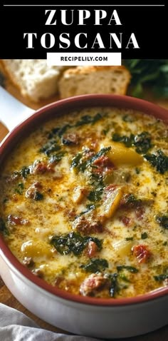 a bowl of zupa toscana with bread in the background and text overlay