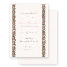 the front and back of a wedding card, with floral border in pink on white