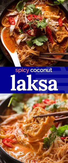 two pictures with the words spicy coconut laksa on them