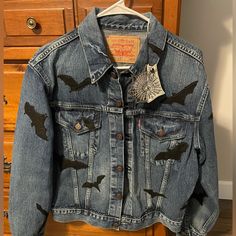 Levis Jean Jacket W/Bats And Moon On Back. New, Never Worn. Asking $300. Halloween Jean Jacket, Jean Designs, Levis Jean, Levis Jean Jacket, Levis Jacket, Designer Jeans, Levis Jeans, On Back, Jean Coat