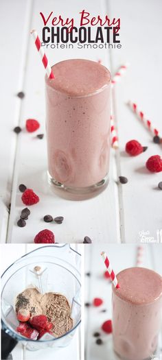 a smoothie with raspberries and chocolate is in a glass next to some strawberries