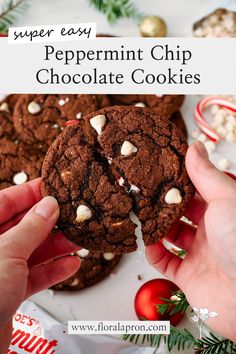 a person holding up a chocolate peppermint chip cookie