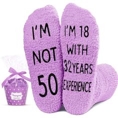 Birthday SocksSay it with socks - "I'M NOT 50, I'M 18 WITH 32 YEARS EXPERIENCE", which is soft and moisture wicking, wrapping your feet with excellent comfort. They make great gifts for women who are turning 50.Size & MaterialThese fluffy socks are made of plush coral fleece, providing ultimate comfort and warmth. Designed to fit women’s shoe sizes 6-10. Our fuzzy birthday socks also feature black non-slip soles, ensuring your safety on wood and tile floors.</p... 71st Birthday, 71 Birthday, Cupcake Packaging, Christmas Wedding Gifts, Friend Gifts, Toe Socks, Old Woman, Valentines Day Weddings, Gifts For Your Mom