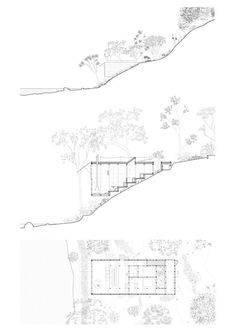 two drawings showing the different sections of a house with trees and bushes on each side