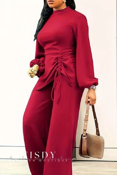 Fisdy - Versátiles monos de tallas grandes con cuello alto y cordones sólidos, perfectos para un look informal Purple Ladies Outfits, Purple Plus Size Outfits, Purple Outfits For Women Classy, Purple Jumpsuit Outfit, Plus Size Pant Suits, Female Boots, Khaki Jumpsuit, Wide Leg Jumpsuits, Purple Jumpsuit