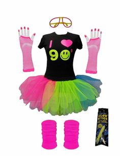 90s Childrens Kids Party Costume Neon T - Shirt Tutu Set Personalised Vinyl Name Glow Stick Glo Glasses Girl Toddler Get your little one party ready with one of these I Love 90's Sets Each set includes a 100% Cotton T-Shirt with a Neon 90s Print, Tutu, Legwarmers, Gloves, Glo Stick & Glow Glasses Everything you could possibly need for your big night out! Each set is available in various different sizes to suit kids of all ages T-Shirt sizing is on the generous side Neon Fancy Dress, Neon Party Outfits, 90s Fancy Dress, Neon T Shirt, 90s Theme Party Outfit, Fancy Dress Ideas, Neon Prom Dresses, Outfit Ideas For Church, Rainbow Tutu