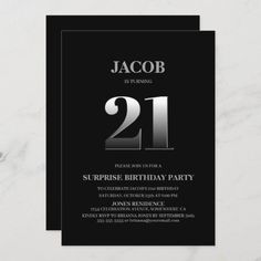 a 21st birthday party with black and silver foil on the front, white marble background