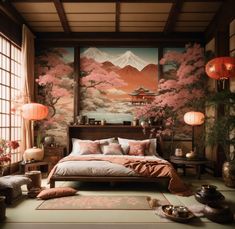 Mystical, Beautiful and Unique Japanese Wall Decor - Home Wall Art Decor Master Bedrooms Decor Japanese, Bedroom With Lanterns, Japanese Art Bedroom, Japanese Theme Bathroom, Traditional Japanese Bedroom Aesthetic, Cherry Blossom Bedroom Aesthetic, Japan Themed Room, Asian Bedroom Aesthetic, Japanese Theme Bedroom