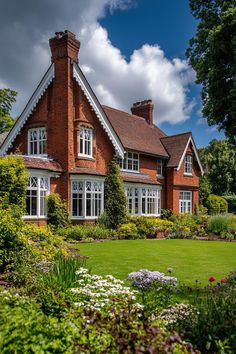 a large red brick house surrounded by lush green grass and flowers on a sunny day