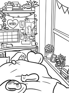 a black and white image of a cat sleeping on a bed in a room with plants