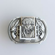 Vintage Style Western Tiger Wildlife Belt Buckle also Stock in US Gurtelschnalle Boucle de ceinture Brand New In Stock Only Buckle No Belt SKU: BK-LT016AS Material: Zinc Alloy Heavy Metal Antique Brushed Silver Color Length Size is, 4.33 inch, Height Size is, 2.76 inch, Weight is 7.76 oz Length Size is, 110 mm, Height Size is, 70 mm, Weight is 220 g The inner diameter for back loop is, 1.58 inches (40 mm), fits a belt up to 1.58 inches (40 mm) Width Button Snap-On Belts All of our buckles is fit Lighter Belt, Belt Buckle, Jaeger Watch, Heavy Metal, Belt Buckles, Zinc Alloy, Silver Color, Vintage Style, Vintage Fashion